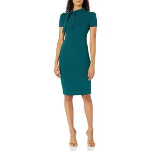 MAGGY LONDON Tie Neck Puff Sleeve Scuba Crepe Dress Emerald Teal Size 4